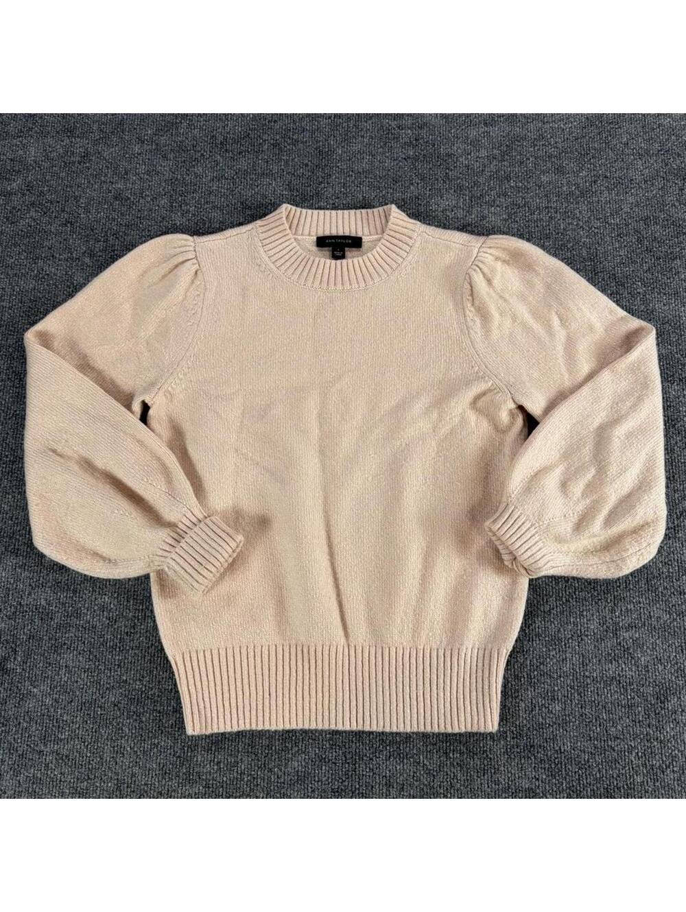 Ann Taylor Peach Puff Sleeve Sweater Large - Ribbed Sleeve, Mock Neck